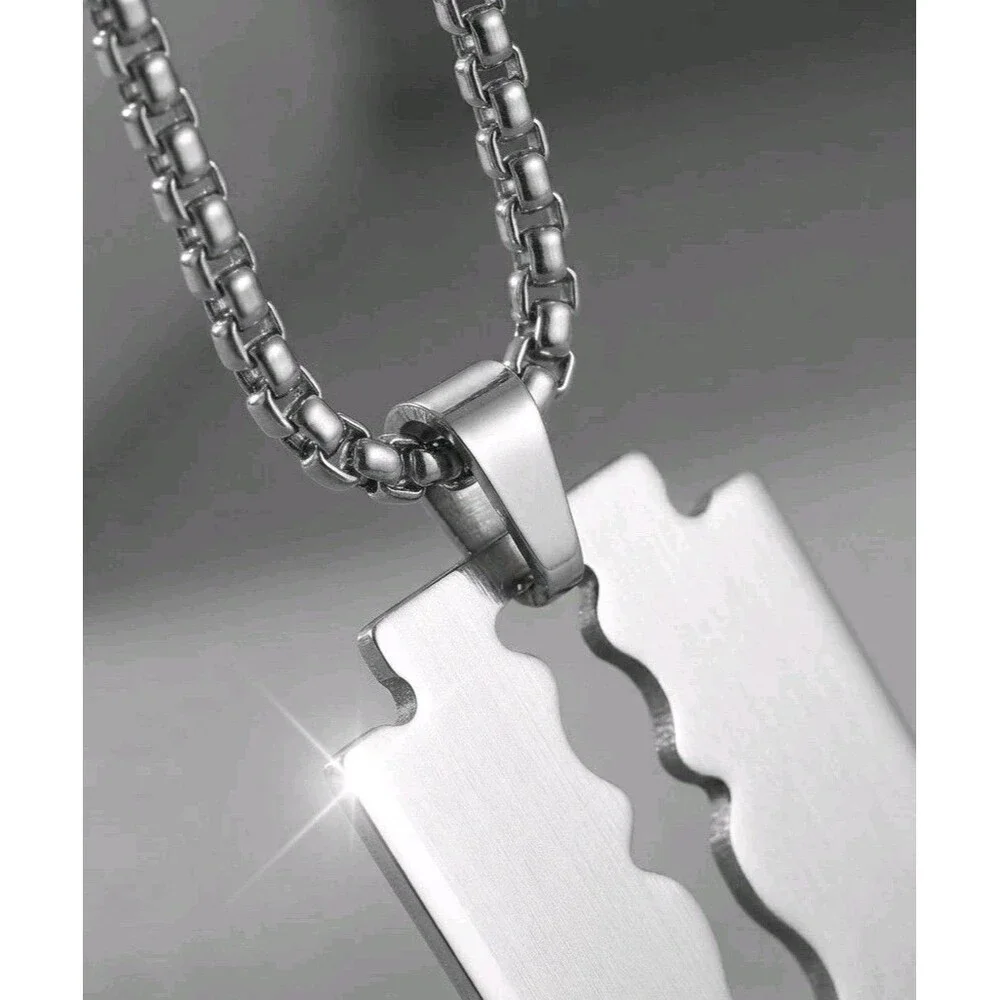 Stainless Steel Razor Blade Pendant Necklace Mens Hip Hop Punk Chain Silver Tone